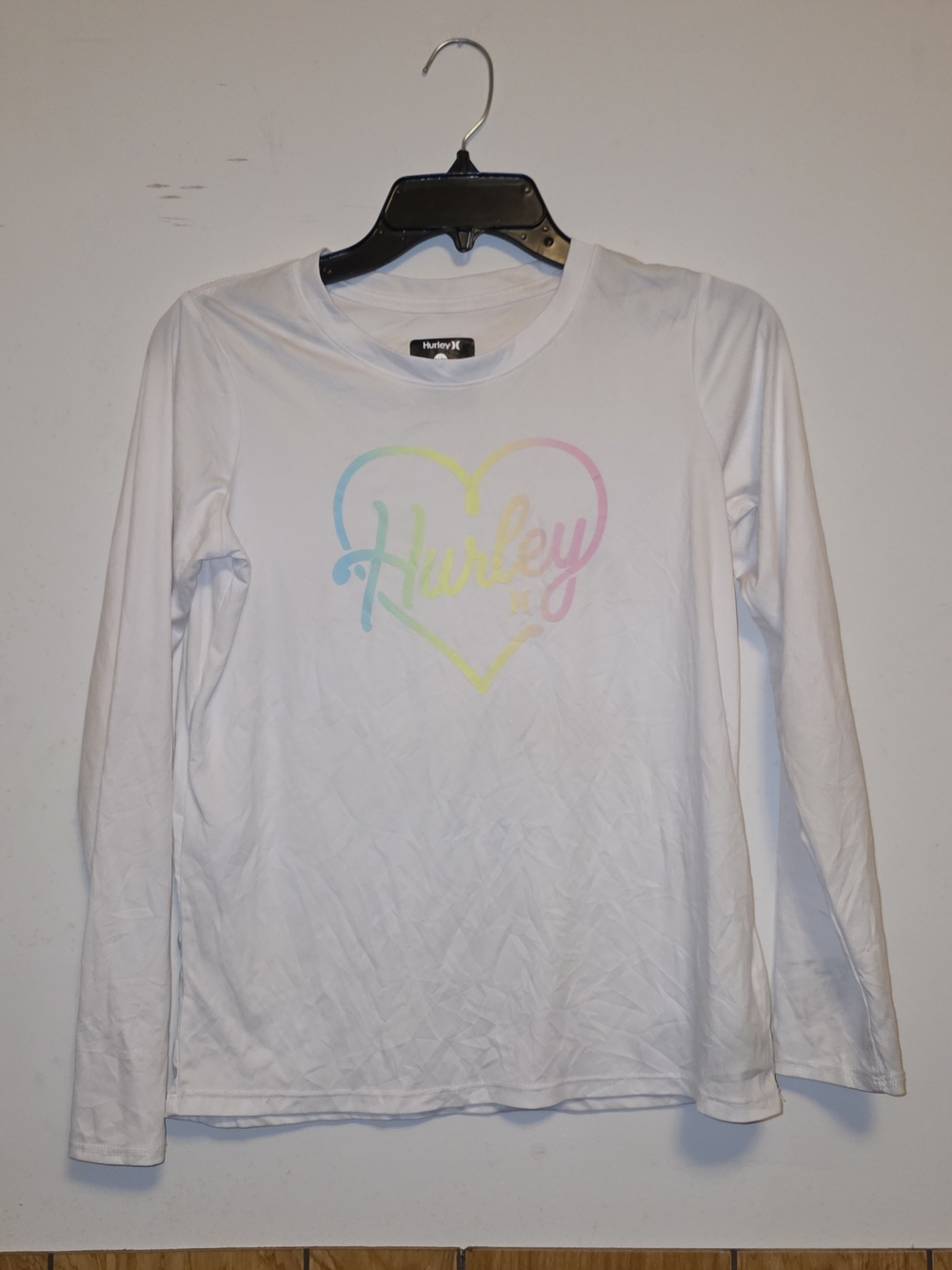 Hurley White Long Sleeve Tee with Pastel Rainbow Heart Logo